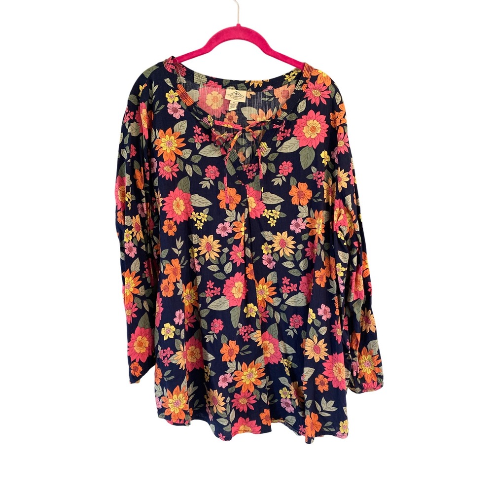 St Johns Bay Women's XL Navy Floral Print Lace Up Long Sleeve Tunic Top